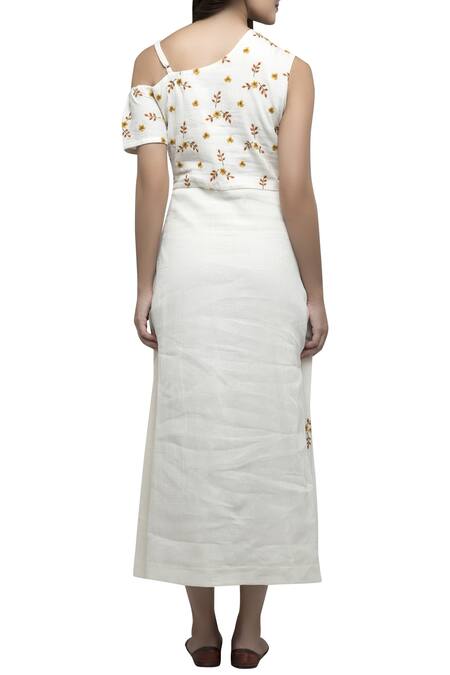 Shop S & V Designs Off White Dobby Cotton Asymmetric Embroidered One Shoulder Dress at Aza Fashions Shop_S & V Designs_Off White Dobby Cotton Asymmetric Embroidered One Shoulder Dress_at_Aza_Fashions