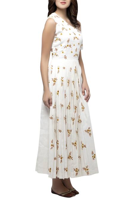 S & V Designs Off White Dobby Cotton Asymmetric Embroidered One Shoulder Dress Online at Aza Fashions S & V Designs_Off White Dobby Cotton Asymmetric Embroidered One Shoulder Dress_Online_at_Aza_Fashions