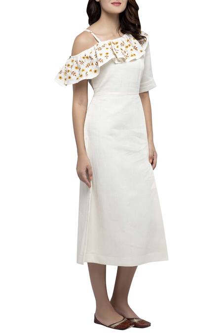 S & V Designs Off White Dobby Cotton Asymmetric One Shoulder Midi Dress Online at Aza Fashions S & V Designs_Off White Dobby Cotton Asymmetric One Shoulder Midi Dress_Online_at_Aza_Fashions