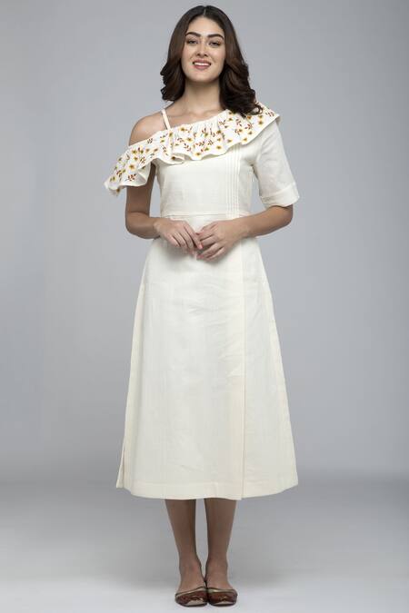 Buy S & V Designs Off White Dobby Cotton Asymmetric One Shoulder Midi Dress Online at Aza Fashions Buy_S & V Designs_Off White Dobby Cotton Asymmetric One Shoulder Midi Dress_Online_at_Aza_Fashions