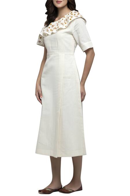 Shop S & V Designs Off White Dobby Cotton Asymmetric One Shoulder Midi Dress Online at Aza Fashions Shop_S & V Designs_Off White Dobby Cotton Asymmetric One Shoulder Midi Dress_Online_at_Aza_Fashions