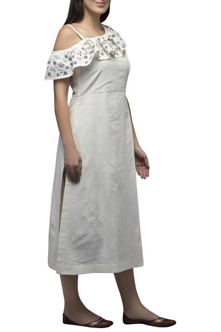 S & V Designs_Off White Dobby Cotton Asymmetric One Shoulder Midi Dress_Online_at_Aza_Fashions