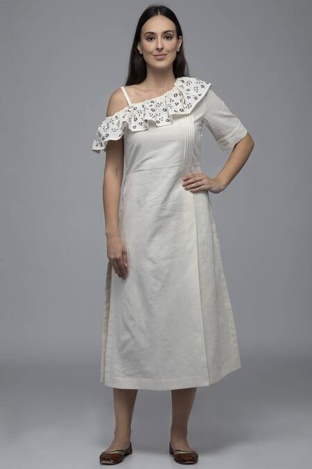 Buy_S & V Designs_Off White Dobby Cotton Asymmetric One Shoulder Midi Dress_Online_at_Aza_Fashions