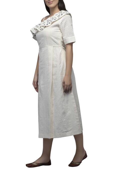 Shop_S & V Designs_Off White Dobby Cotton Asymmetric One Shoulder Midi Dress_Online_at_Aza_Fashions