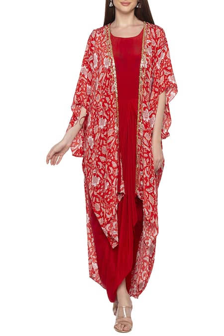 Soup By Sougat Paul_Red Crepe Floral Motifs Round Neck Printed Dress With Cape _Online_at_Aza_Fashions