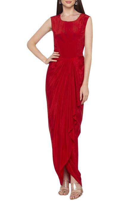 Buy_Soup By Sougat Paul_Red Crepe Floral Motifs Round Neck Printed Dress With Cape _Online_at_Aza_Fashions