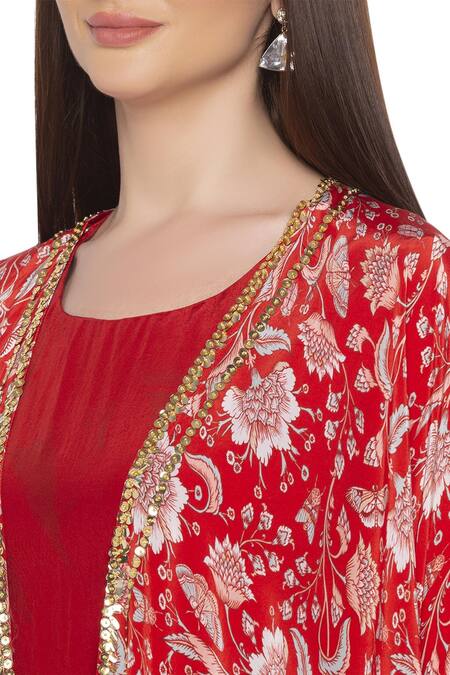 Soup By Sougat Paul_Red Crepe Floral Motifs Round Neck Printed Dress With Cape _at_Aza_Fashions