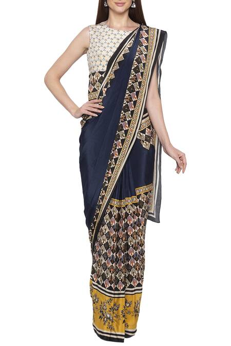 Buy_Soup By Sougat Paul_Blue Crepe Geometric Round Neck Pre-draped Saree With Blouse _Online_at_Aza_Fashions