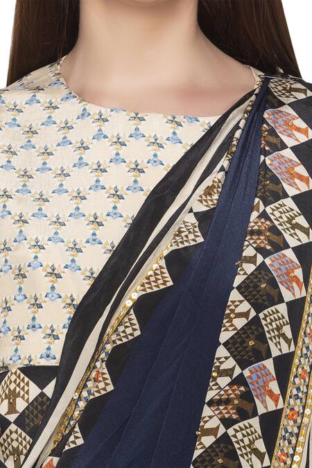 Shop_Soup By Sougat Paul_Blue Crepe Geometric Round Neck Pre-draped Saree With Blouse _Online_at_Aza_Fashions