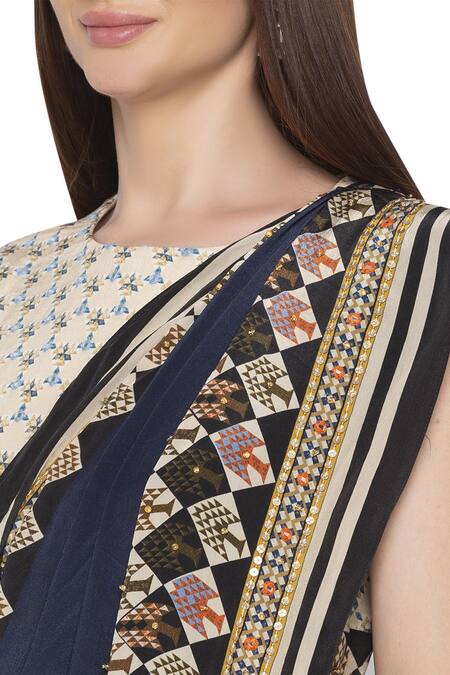 Soup By Sougat Paul_Blue Crepe Geometric Round Neck Pre-draped Saree With Blouse _at_Aza_Fashions