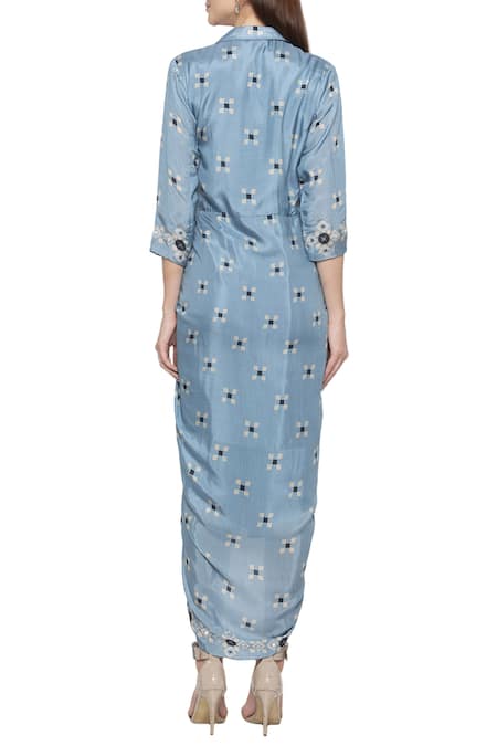 Shop Soup By Sougat Paul Blue Cotton Silk V Neck Draped Wrap Dress at Aza Fashions Shop_Soup By Sougat Paul_Blue Cotton Silk V Neck Draped Wrap Dress _at_Aza_Fashions