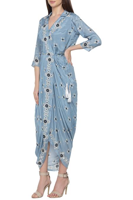 Soup By Sougat Paul Blue Cotton Silk V Neck Draped Wrap Dress Online at Aza Fashions Soup By Sougat Paul_Blue Cotton Silk V Neck Draped Wrap Dress _Online_at_Aza_Fashions