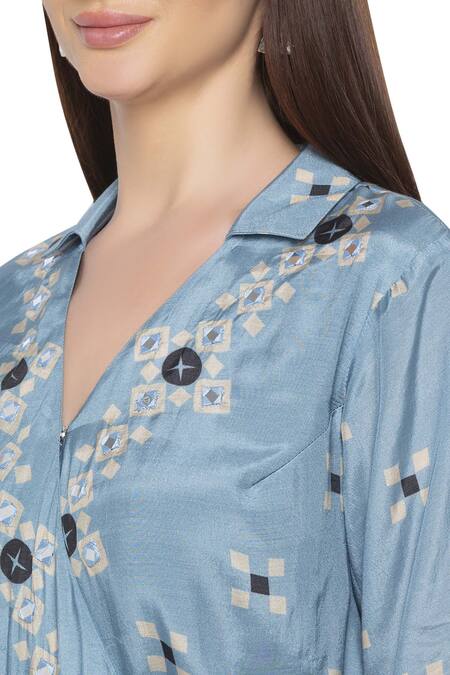 Soup By Sougat Paul Blue Cotton Silk V Neck Draped Wrap Dress at Aza Fashions Soup By Sougat Paul_Blue Cotton Silk V Neck Draped Wrap Dress _at_Aza_Fashions