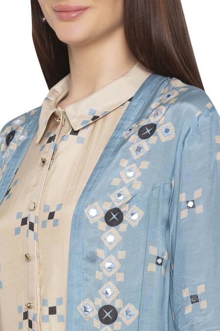 Soup By Sougat Paul_Beige Cotton Silk Shirt Collar Printed Jacket With Maxi Dress _at_Aza_Fashions
