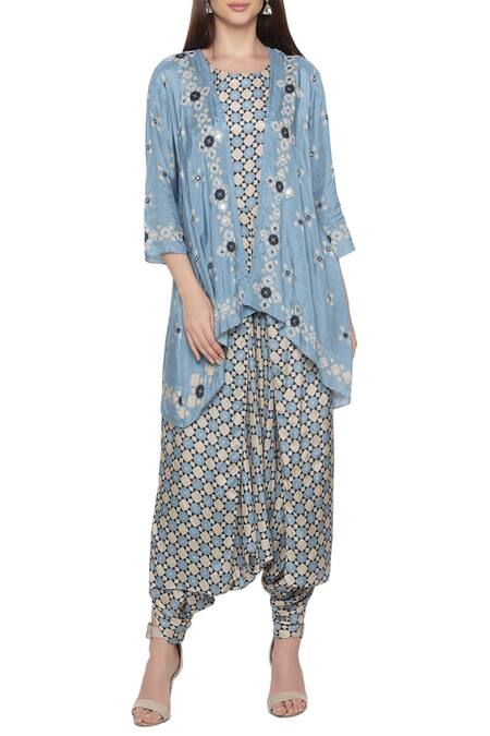 Soup By Sougat Paul_Blue Cotton Silk Round Printed Jumpsuit With Jacket _Online_at_Aza_Fashions