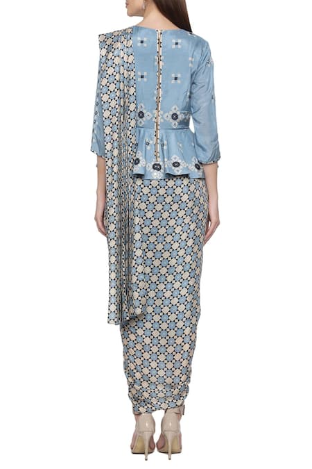 Shop_Soup By Sougat Paul_Blue Cotton Silk Round Printed Saree Dress With Attached Drape _at_Aza_Fashions