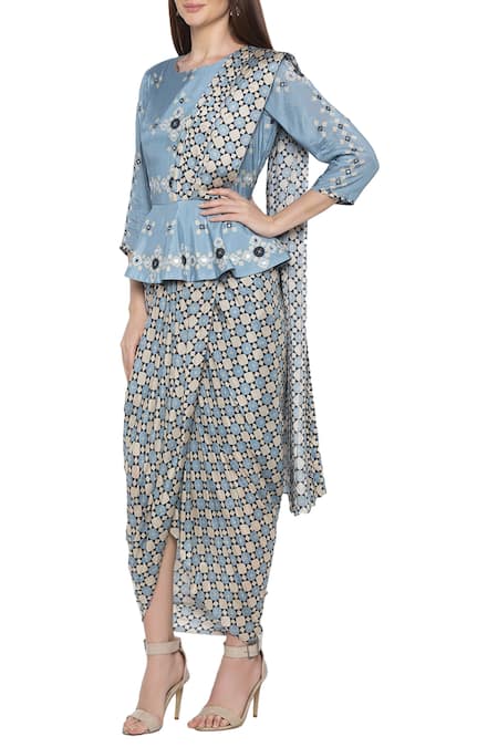 Soup By Sougat Paul_Blue Cotton Silk Round Printed Saree Dress With Attached Drape _Online_at_Aza_Fashions