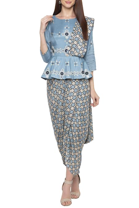 Buy_Soup By Sougat Paul_Blue Cotton Silk Round Printed Saree Dress With Attached Drape _Online_at_Aza_Fashions