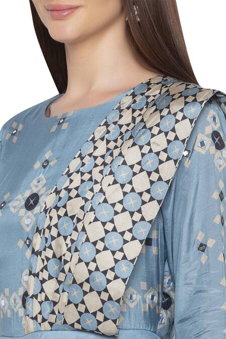 Shop_Soup By Sougat Paul_Blue Cotton Silk Round Printed Saree Dress With Attached Drape _Online_at_Aza_Fashions
