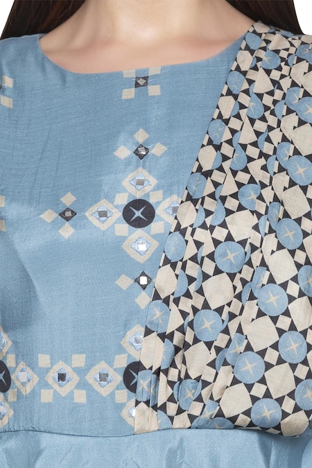Soup By Sougat Paul_Blue Cotton Silk Round Printed Saree Dress With Attached Drape _at_Aza_Fashions