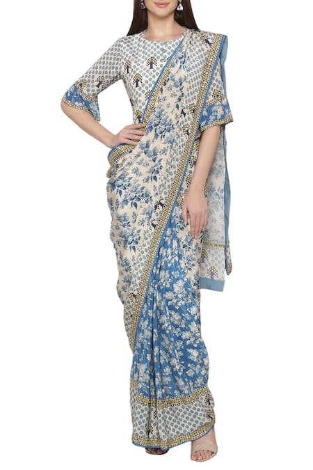 Soup By Sougat Paul_Blue Crepe Round Printed Pre-draped Saree Set _Online_at_Aza_Fashions