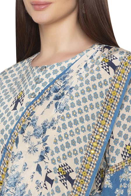 Buy_Soup By Sougat Paul_Blue Crepe Round Printed Pre-draped Saree Set _Online_at_Aza_Fashions