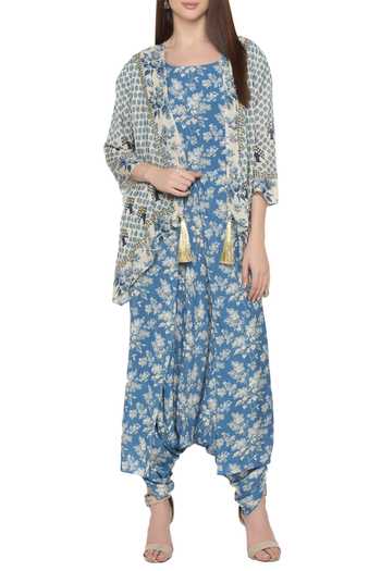 Soup By Sougat Paul Blue Crepe Floral Jumpsuit Round Jacket Open Printed With Online at Aza Fashions Soup By Sougat Paul_Blue Crepe Floral Jumpsuit Round Jacket Open Printed With _Online_at_Aza_Fashions