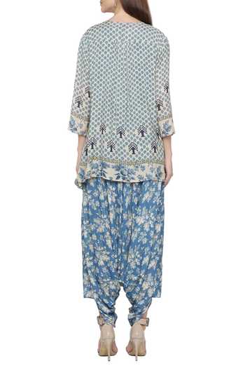 Shop Soup By Sougat Paul Blue Crepe Floral Jumpsuit Round Jacket Open Printed With at Aza Fashions Shop_Soup By Sougat Paul_Blue Crepe Floral Jumpsuit Round Jacket Open Printed With _at_Aza_Fashions