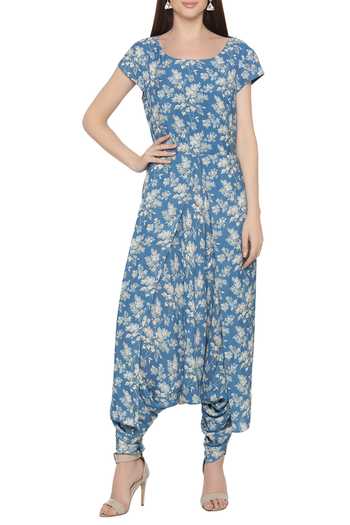 Buy Soup By Sougat Paul Blue Crepe Floral Jumpsuit Round Jacket Open Printed With Online at Aza Fashions Buy_Soup By Sougat Paul_Blue Crepe Floral Jumpsuit Round Jacket Open Printed With _Online_at_Aza_Fashions
