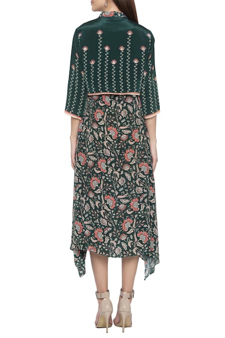 Shop Soup By Sougat Paul Green Crepe Floral Motifs Dress Round Jacket Mandarin Collar Printed With at Aza Fashions Shop_Soup By Sougat Paul_Green Crepe Floral Motifs Dress Round Jacket Mandarin Collar Printed With _at_Aza_Fashions
