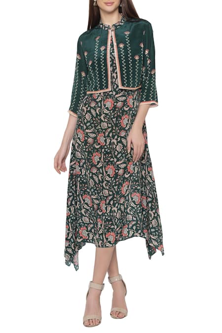 Soup By Sougat Paul Green Crepe Floral Motifs Dress Round Jacket Mandarin Collar Printed With Online at Aza Fashions Soup By Sougat Paul_Green Crepe Floral Motifs Dress Round Jacket Mandarin Collar Printed With _Online_at_Aza_Fashions
