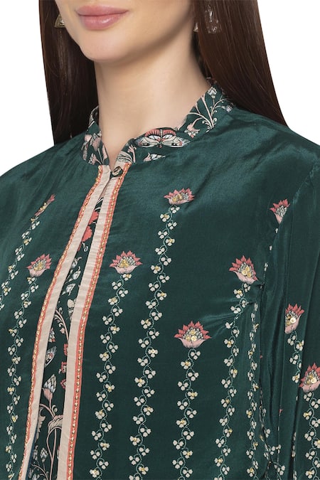 Shop Soup By Sougat Paul Green Crepe Floral Motifs Dress Round Jacket Mandarin Collar Printed With Online at Aza Fashions Shop_Soup By Sougat Paul_Green Crepe Floral Motifs Dress Round Jacket Mandarin Collar Printed With _Online_at_Aza_Fashions