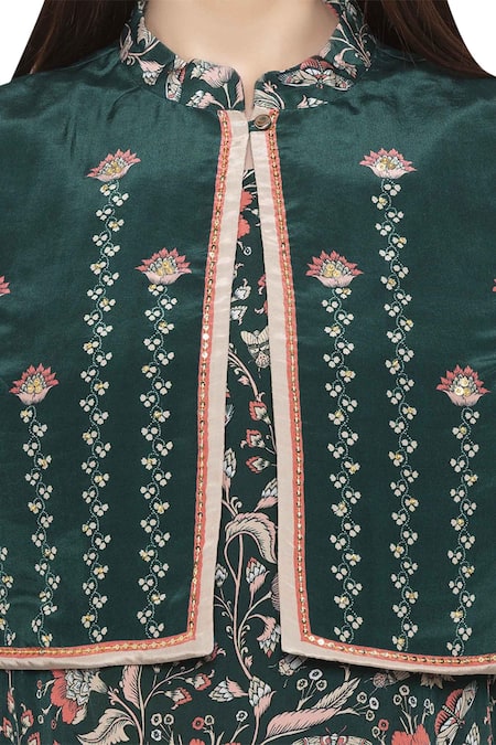 Soup By Sougat Paul Green Crepe Floral Motifs Dress Round Jacket Mandarin Collar Printed With at Aza Fashions Soup By Sougat Paul_Green Crepe Floral Motifs Dress Round Jacket Mandarin Collar Printed With _at_Aza_Fashions