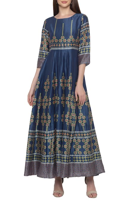 Soup By Sougat Paul_Blue Chanderi Round Printed Dress _Online_at_Aza_Fashions