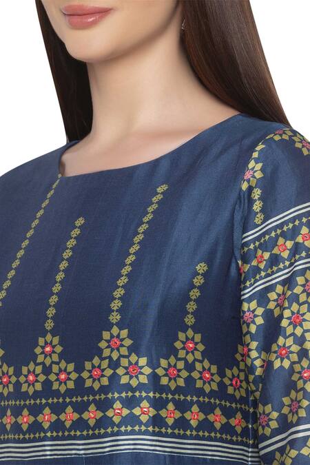 Buy_Soup By Sougat Paul_Blue Chanderi Round Printed Dress _Online_at_Aza_Fashions