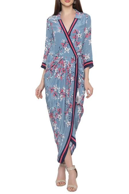 Buy_Soup By Sougat Paul_Blue Crepe Floral Motifs V Neck Printed Wrap Dress _Online_at_Aza_Fashions