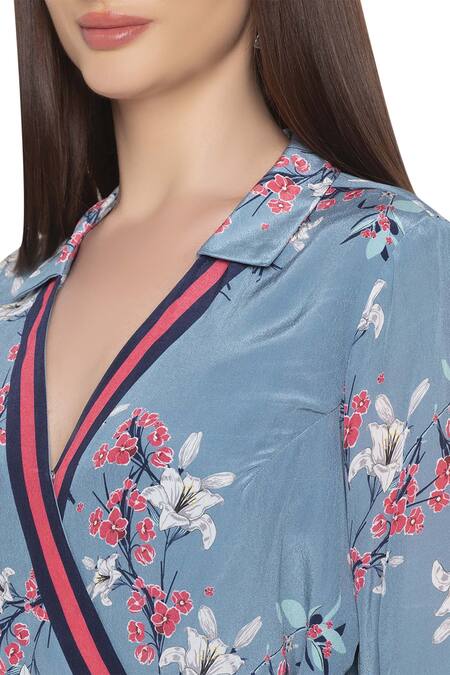 Shop_Soup By Sougat Paul_Blue Crepe Floral Motifs V Neck Printed Wrap Dress _Online_at_Aza_Fashions