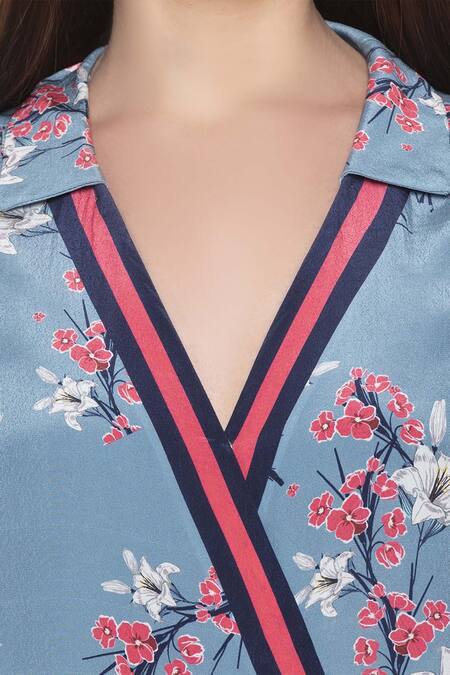 Soup By Sougat Paul_Blue Crepe Floral Motifs V Neck Printed Wrap Dress _at_Aza_Fashions