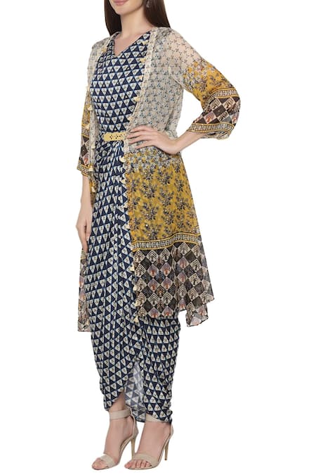 Soup By Sougat Paul Blue Organza, Satin V Neck Printed Midi Dress With Jacket Online at Aza Fashions Soup By Sougat Paul_Blue Organza, Satin V Neck Printed Midi Dress With Jacket _Online_at_Aza_Fashions