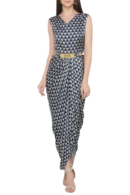 Buy Soup By Sougat Paul Blue Organza, Satin V Neck Printed Midi Dress With Jacket Online at Aza Fashions Buy_Soup By Sougat Paul_Blue Organza, Satin V Neck Printed Midi Dress With Jacket _Online_at_Aza_Fashions