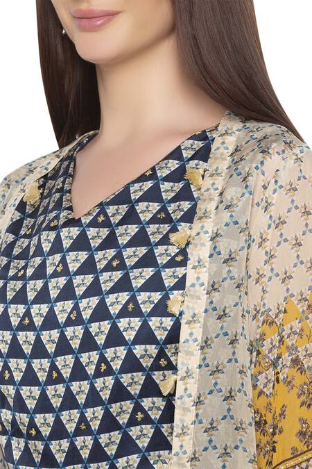 Shop Soup By Sougat Paul Blue Organza, Satin V Neck Printed Midi Dress With Jacket Online at Aza Fashions Shop_Soup By Sougat Paul_Blue Organza, Satin V Neck Printed Midi Dress With Jacket _Online_at_Aza_Fashions