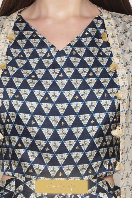 Soup By Sougat Paul Blue Organza, Satin V Neck Printed Midi Dress With Jacket at Aza Fashions Soup By Sougat Paul_Blue Organza, Satin V Neck Printed Midi Dress With Jacket _at_Aza_Fashions