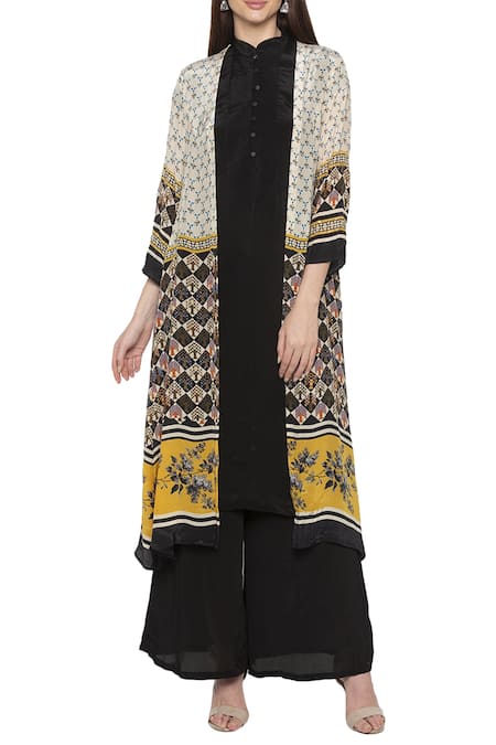Soup By Sougat Paul_Black Crepe Floral, Geometric Kurta Mandarin Collar Jacket Printed And Set _Online_at_Aza_Fashions