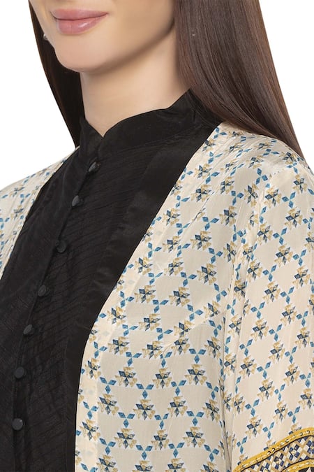 Shop_Soup By Sougat Paul_Black Crepe Floral, Geometric Kurta Mandarin Collar Jacket Printed And Set _Online_at_Aza_Fashions