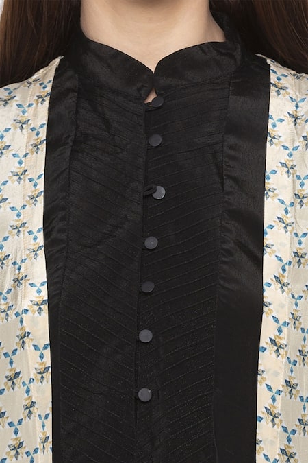 Soup By Sougat Paul_Black Crepe Floral, Geometric Kurta Mandarin Collar Jacket Printed And Set _at_Aza_Fashions