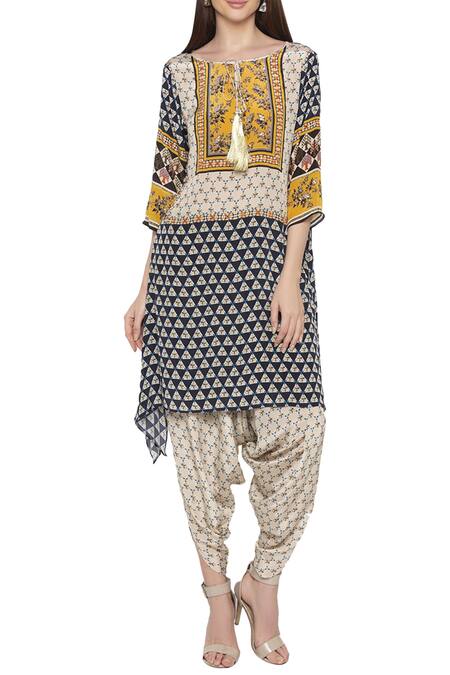 Buy_Soup By Sougat Paul_Beige Crepe Boat Printed Kurta Set _Online_at_Aza_Fashions