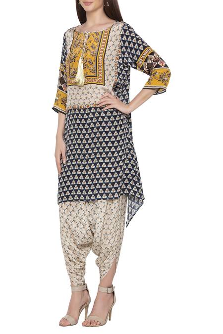 Soup By Sougat Paul_Beige Crepe Boat Printed Kurta Set _Online_at_Aza_Fashions