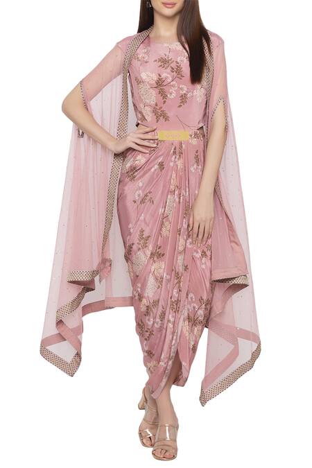 Buy Soup By Sougat Paul Pink Net, Crepe Floral Motifs Dress Round Embellished Cape And Printed Draped Online at Aza Fashions Buy_Soup By Sougat Paul_Pink Net, Crepe Floral Motifs Dress Round Embellished Cape And Printed Draped _Online_at_Aza_Fashions