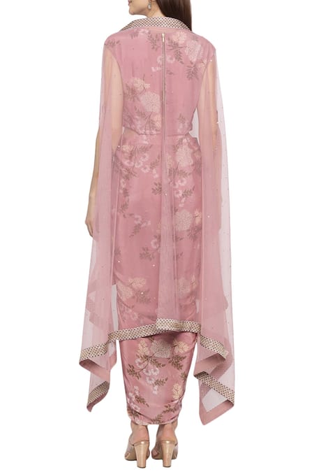 Shop Soup By Sougat Paul Pink Net, Crepe Floral Motifs Dress Round Embellished Cape And Printed Draped at Aza Fashions Shop_Soup By Sougat Paul_Pink Net, Crepe Floral Motifs Dress Round Embellished Cape And Printed Draped _at_Aza_Fashions
