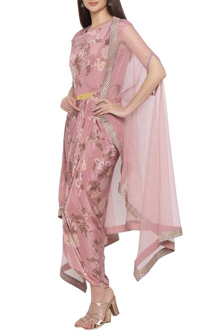 Soup By Sougat Paul Pink Net, Crepe Floral Motifs Dress Round Embellished Cape And Printed Draped Online at Aza Fashions Soup By Sougat Paul_Pink Net, Crepe Floral Motifs Dress Round Embellished Cape And Printed Draped _Online_at_Aza_Fashions